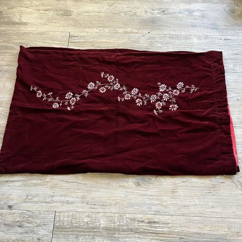Vintage Scarf Silk and Velvet Hand Embroidered Floral Deep Red Maroon Pink 90s